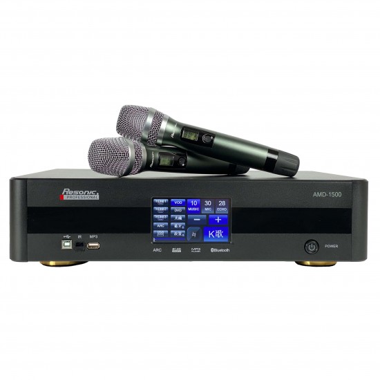 AMD-1500 1500W HD ECHO & REVERB Karaoke Mixing Amplifier Built-In 4K HDMI ARC,Optical, Bluetooth, Digital Equalizer And Dual Wireless Microphones (INTELLIGENT)