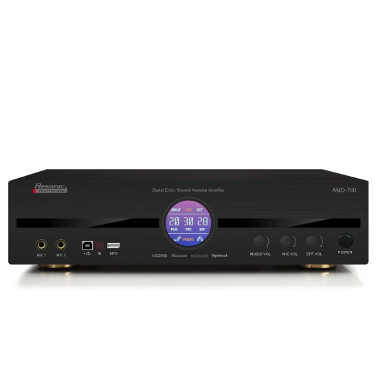 AMD-760 760W HD ECHO & REVERB Karaoke Mixing Amplifier Built-In 4K HDMI ARC,Optical, Bluetooth, Digital Equalizer 